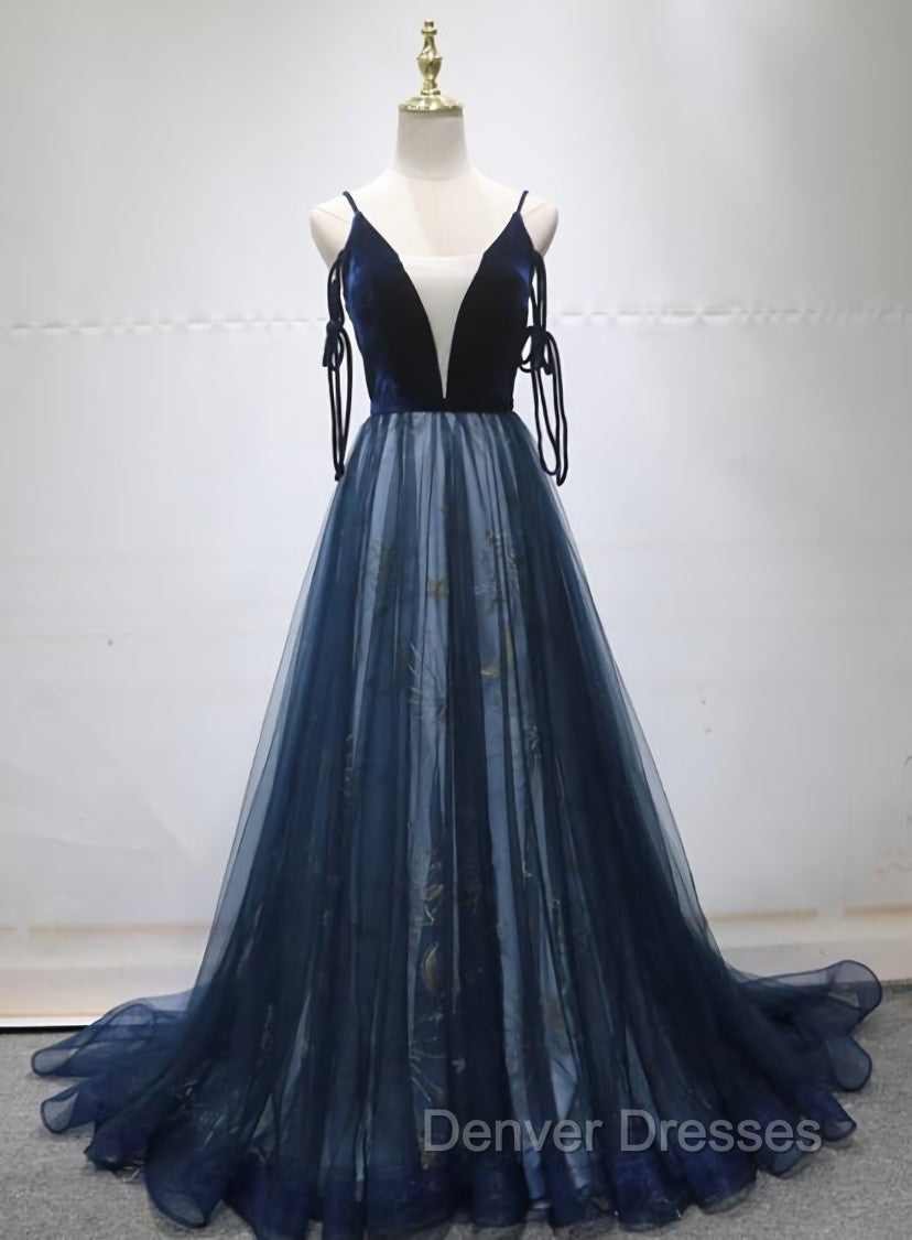 Blue A-line Straps Tulle Long Evening Dress Party Dress, Blue Bridesmaid Dress