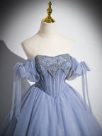 Blue A-Line Tulle Beads Long Prom Dress, Blue Long Formal Dress