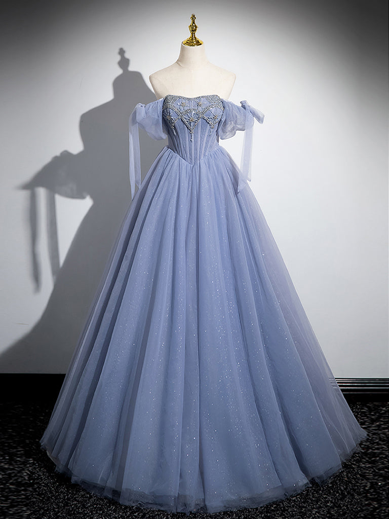 Blue A-Line Tulle Beads Long Prom Dress, Blue Long Formal Dress Main image