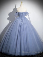 Blue A-Line Tulle Beads Long Prom Dress, Blue Long Formal Dress