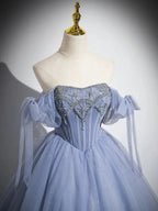Blue A-Line Tulle Beads Long Prom Dress, Blue Long Formal Dress