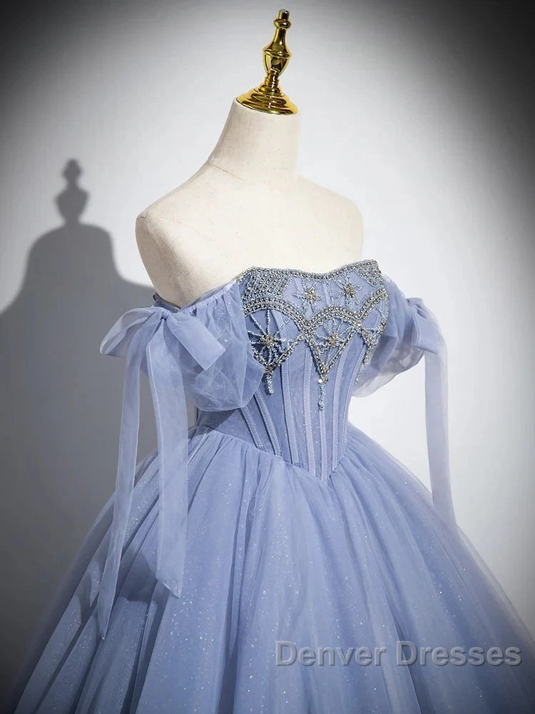 Blue A-Line Tulle Beads Long Prom Dress, Blue Long Formal Dress