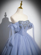 Blue A-Line Tulle Beads Long Prom Dress, Blue Long Formal Dress