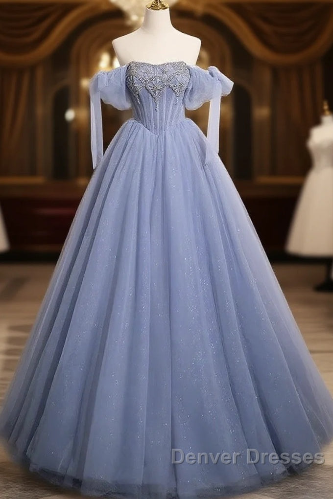 Blue A-Line Tulle Beads Long Prom Dress, Blue Long Formal Dress