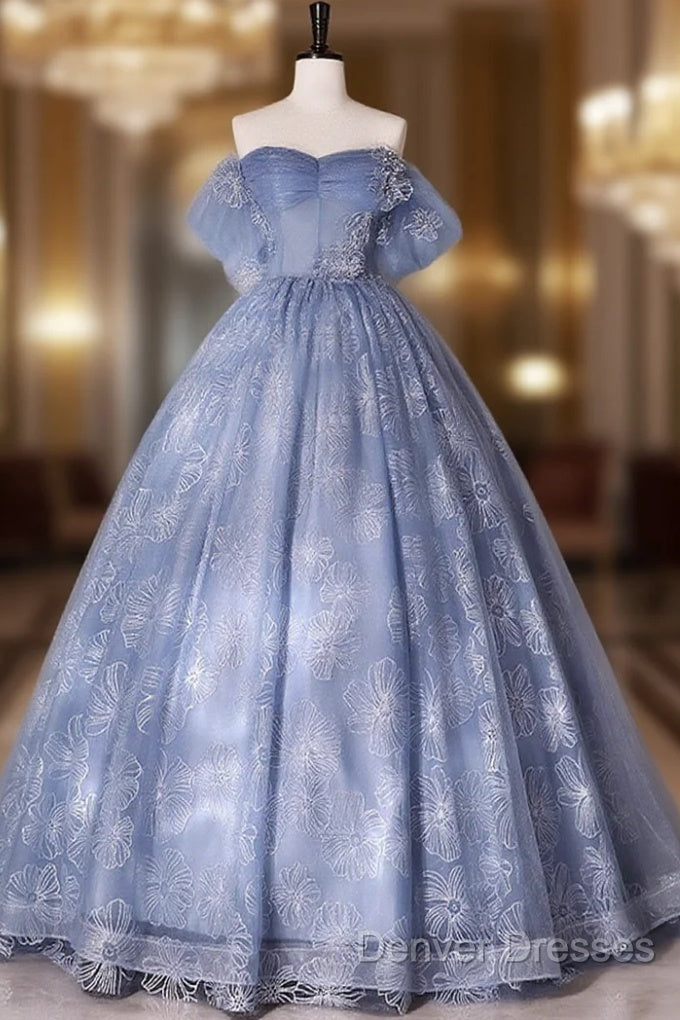Blue A-Line Tulle Lace Long Prom Dress, Blue Formal Graduation Dress Main image