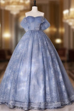 Blue A-Line Tulle Lace Long Prom Dress, Blue Formal Graduation Dress