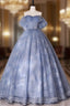 Blue A-Line Tulle Lace Long Prom Dress, Blue Formal Graduation Dress
