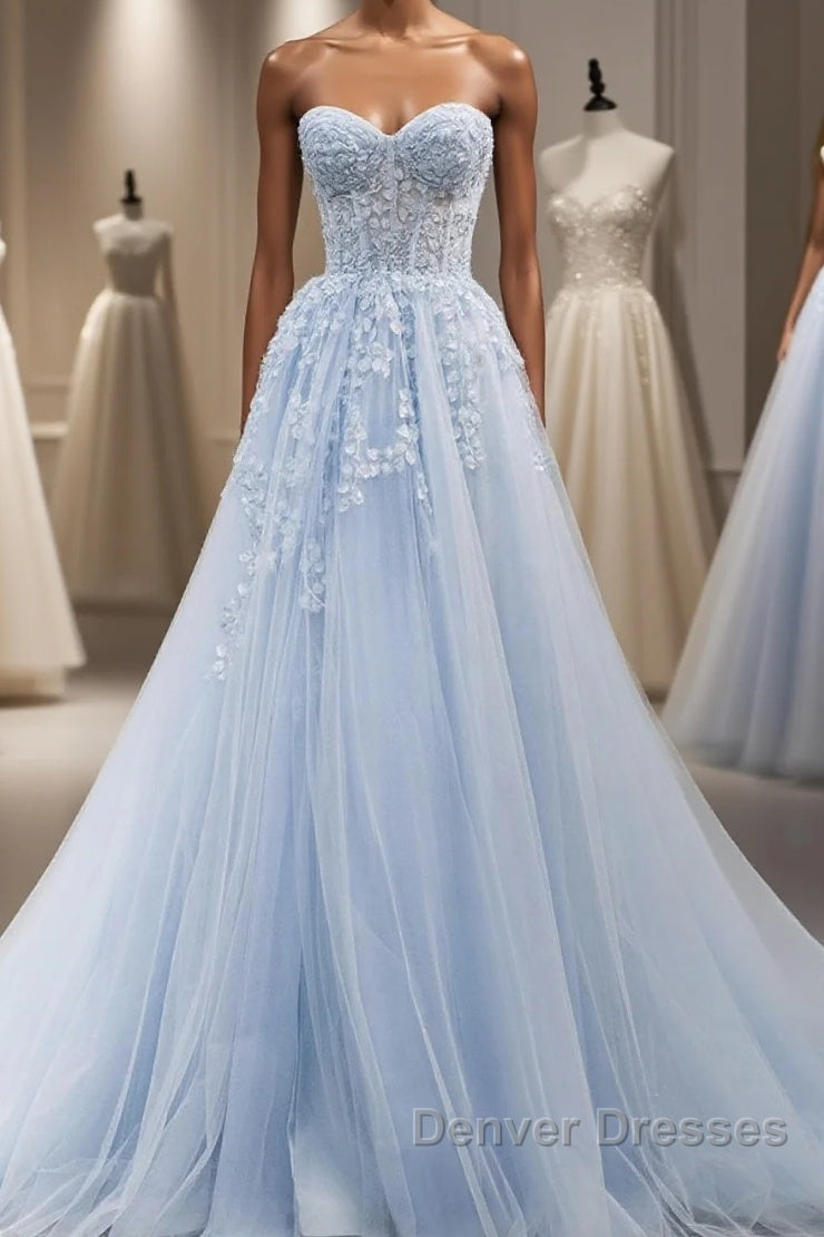 Blue A line tulle lace long prom Dress blue lace formal Dress