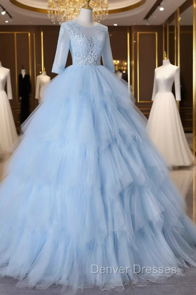Blue A-Line Tulle Lace Long Prom Dress, Blue Lace Formal Evening Dress Secondary image