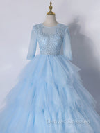 Blue A-Line Tulle Lace Long Prom Dress, Blue Lace Formal Evening Dress