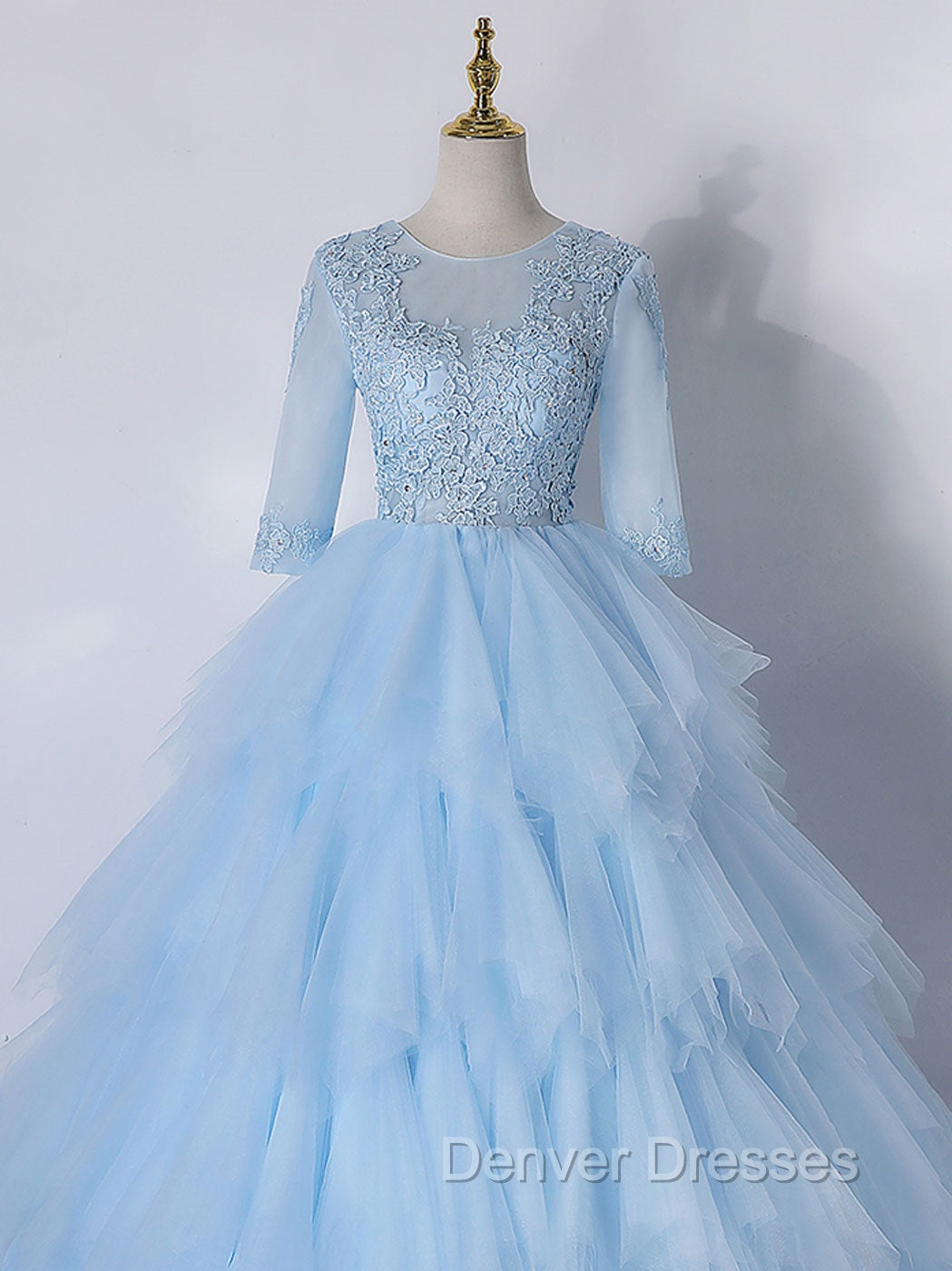 Blue A-Line Tulle Lace Long Prom Dress, Blue Lace Formal Evening Dress
