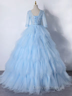 Blue A-Line Tulle Lace Long Prom Dress, Blue Lace Formal Evening Dress