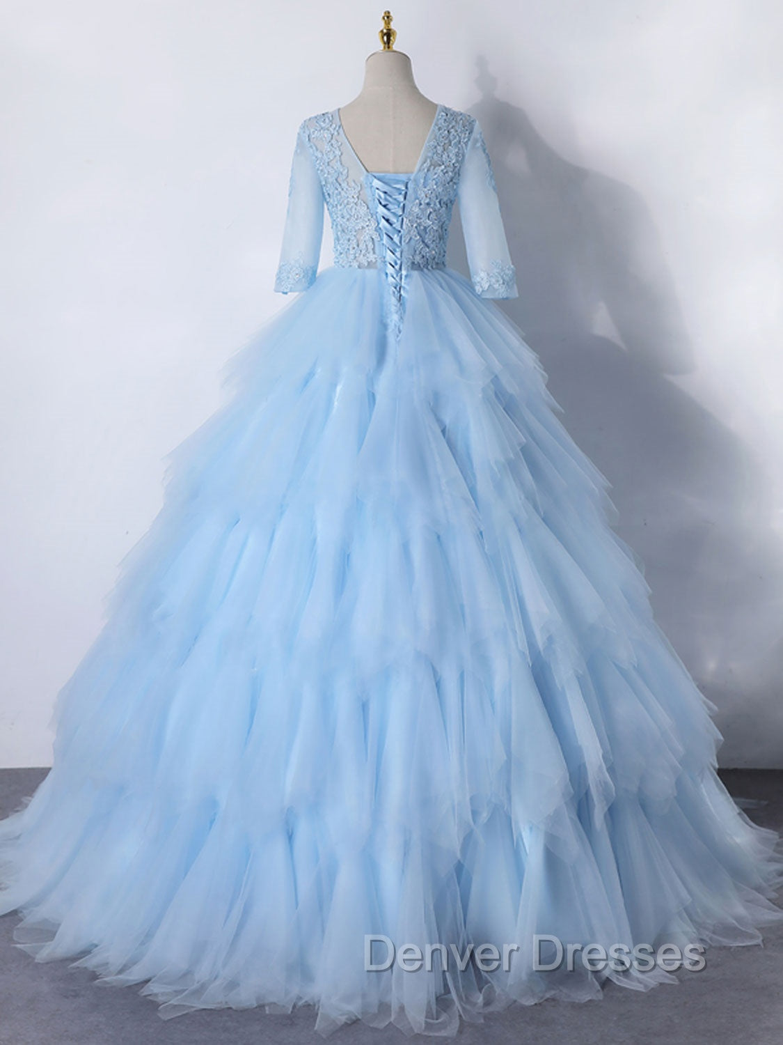 Blue A-Line Tulle Lace Long Prom Dress, Blue Lace Formal Evening Dress