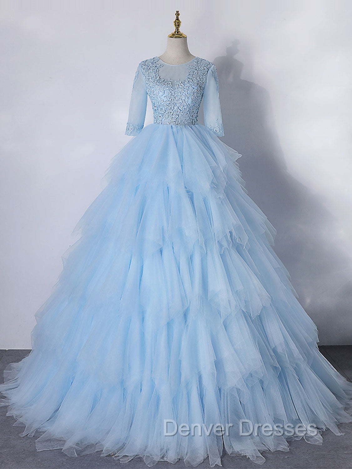 Blue A-Line Tulle Lace Long Prom Dress, Blue Lace Formal Evening Dress