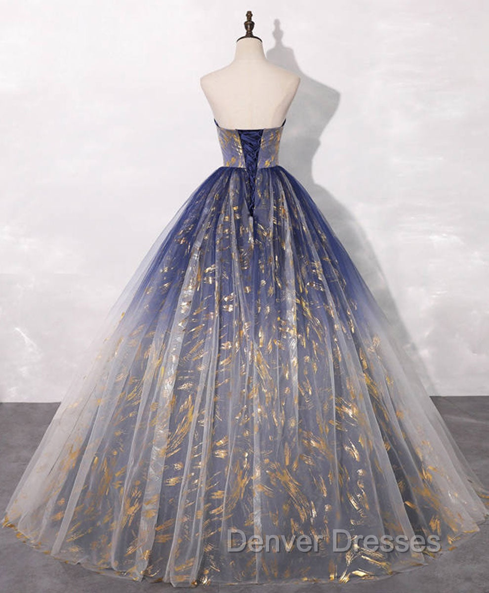 Blue A line Tulle Lace Long Prom Dress, Tulle Formal Blue Graduation Dress