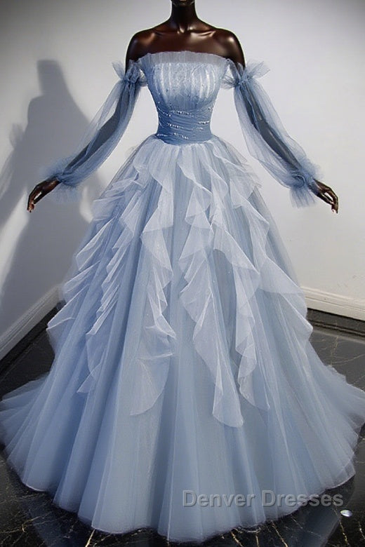 Blue A-Line Tulle Lace Long Prom Dress, Blue Formal Evening Dress Main image