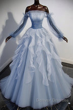 Blue A-Line Tulle Lace Long Prom Dress, Blue Formal Evening Dress