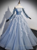 Blue A-Line Tulle Lace Long Prom Dress, Blue Formal Evening Dress