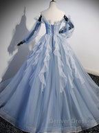 Blue A-Line Tulle Lace Long Prom Dress, Blue Formal Evening Dress