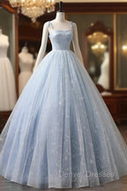 Blue A-Line Tulle Long Prom Dress, Blue Formal Sweet 16 Dress