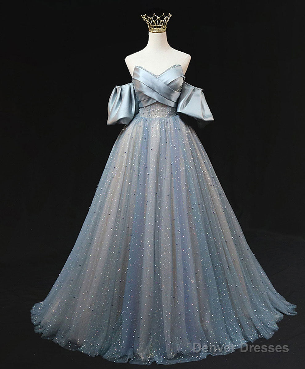 Blue A Line Tulle Long Prom Dress, Blue Tulle Evening Dress with Beading Main image