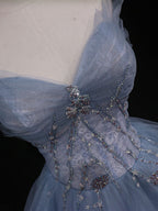 Blue A-Line Tulle Long Prom Dress, Blue Tulle Formal Graduation Dress
