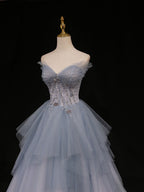 Blue A-Line Tulle Long Prom Dress, Blue Tulle Formal Graduation Dress