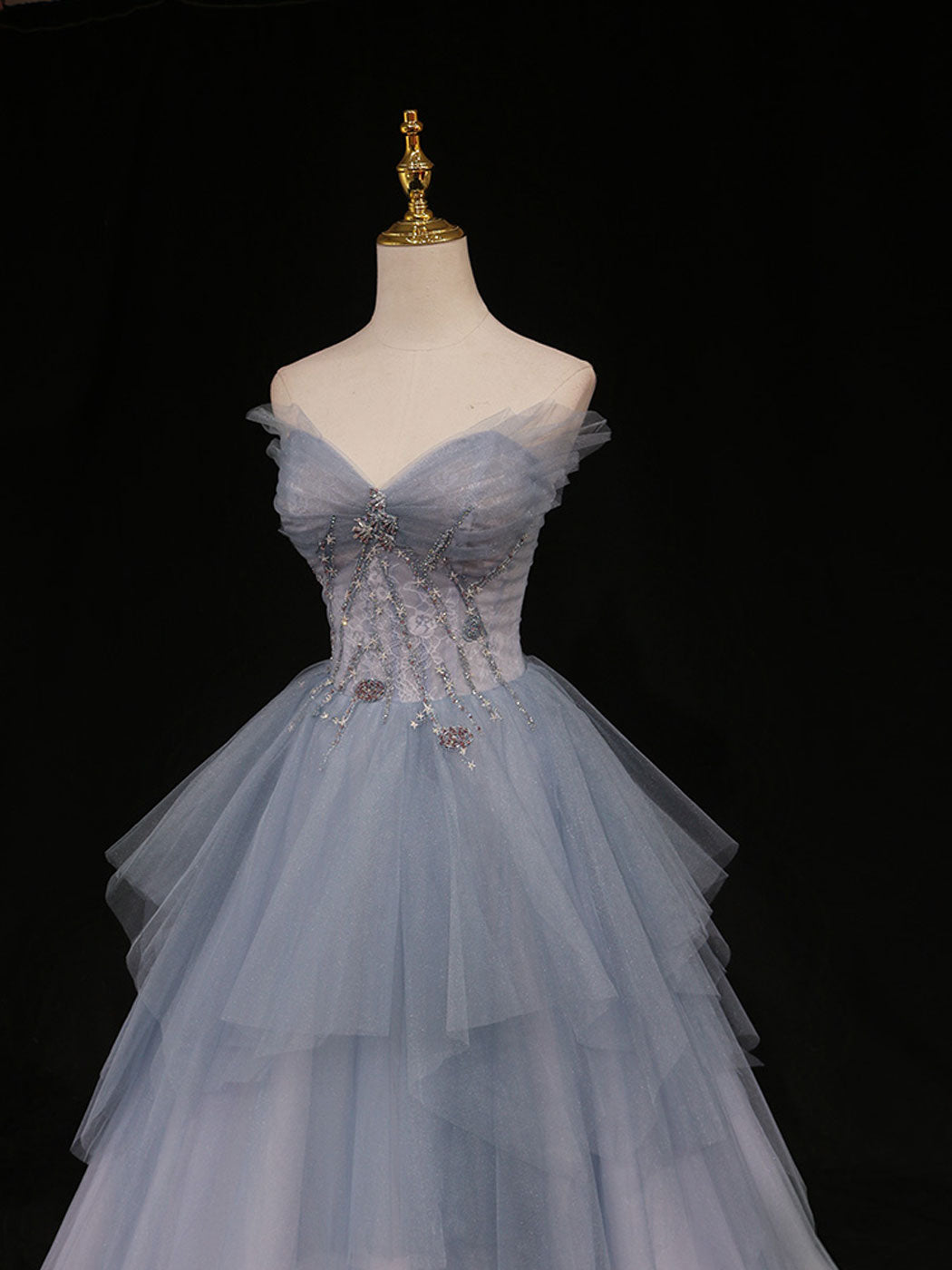 Blue A-Line Tulle Long Prom Dress, Blue Tulle Formal Graduation Dress