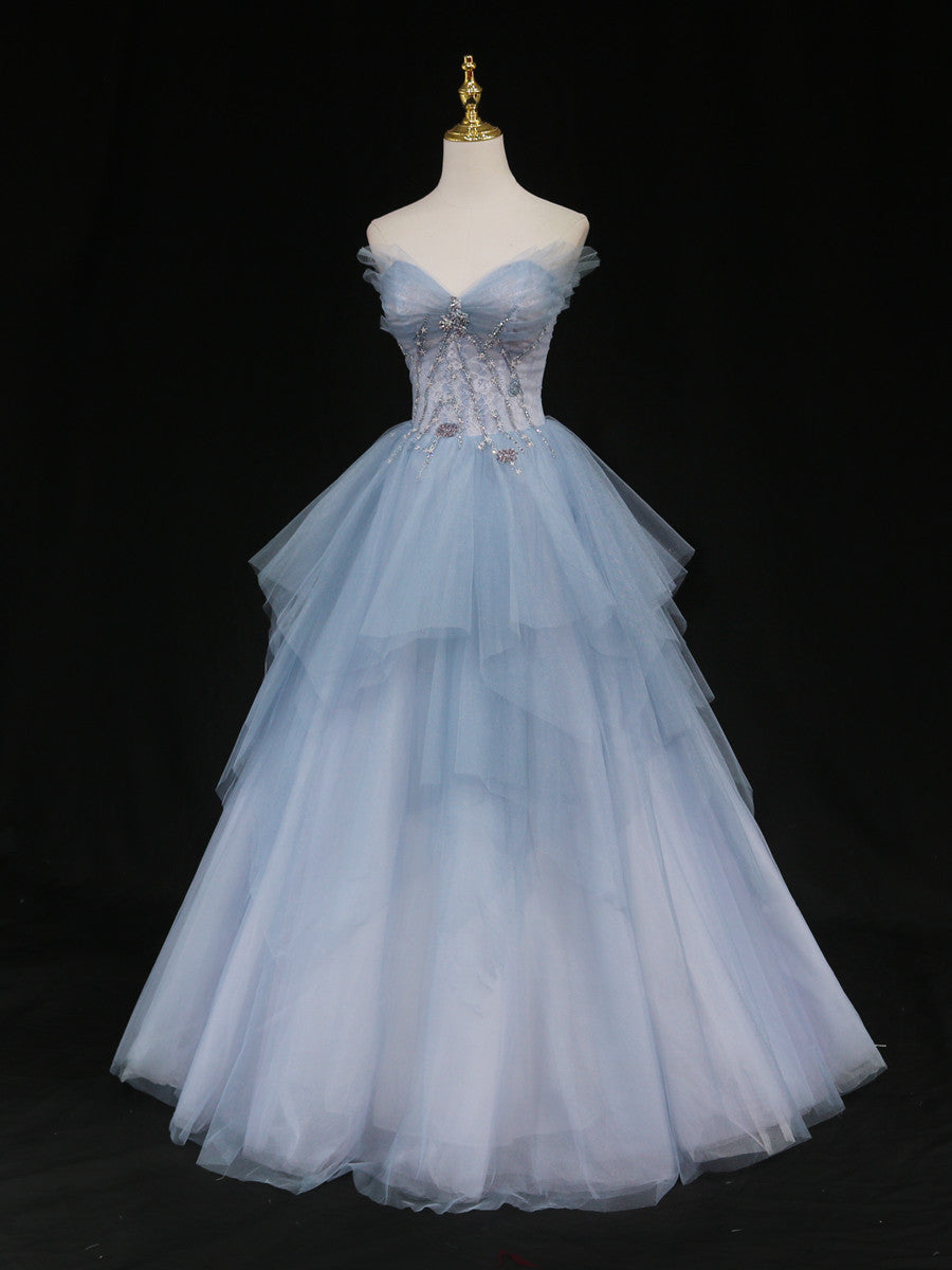 Blue A-Line Tulle Long Prom Dress, Blue Tulle Formal Graduation Dress Main image