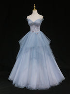 Blue A-Line Tulle Long Prom Dress, Blue Tulle Formal Graduation Dress