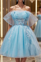 Blue A-line Tulle Short Prom Dress, Blue Homecoming Dress