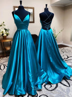 Blue A Line V Neck Backless Satin Long Prom Dress Open Back Formal Graduation Evening Gowns