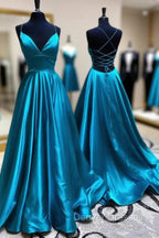 Blue A Line V Neck Backless Satin Long Prom Dress Open Back Formal Graduation Evening Gowns