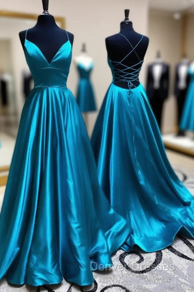 Blue A Line V Neck Backless Satin Long Prom Dress Open Back Formal Graduation Evening Gowns