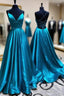 Blue A Line V Neck Backless Satin Long Prom Dress Open Back Formal Graduation Evening Gowns