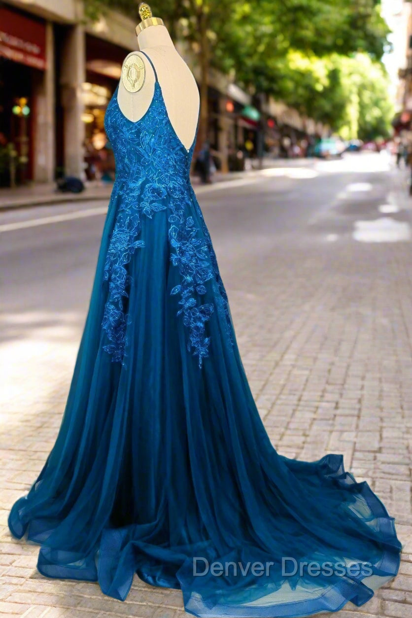 Blue A-line V Neck Prom Dress Spaghetti Straps Sweep Train Tulle Evening Dress With Appliqued