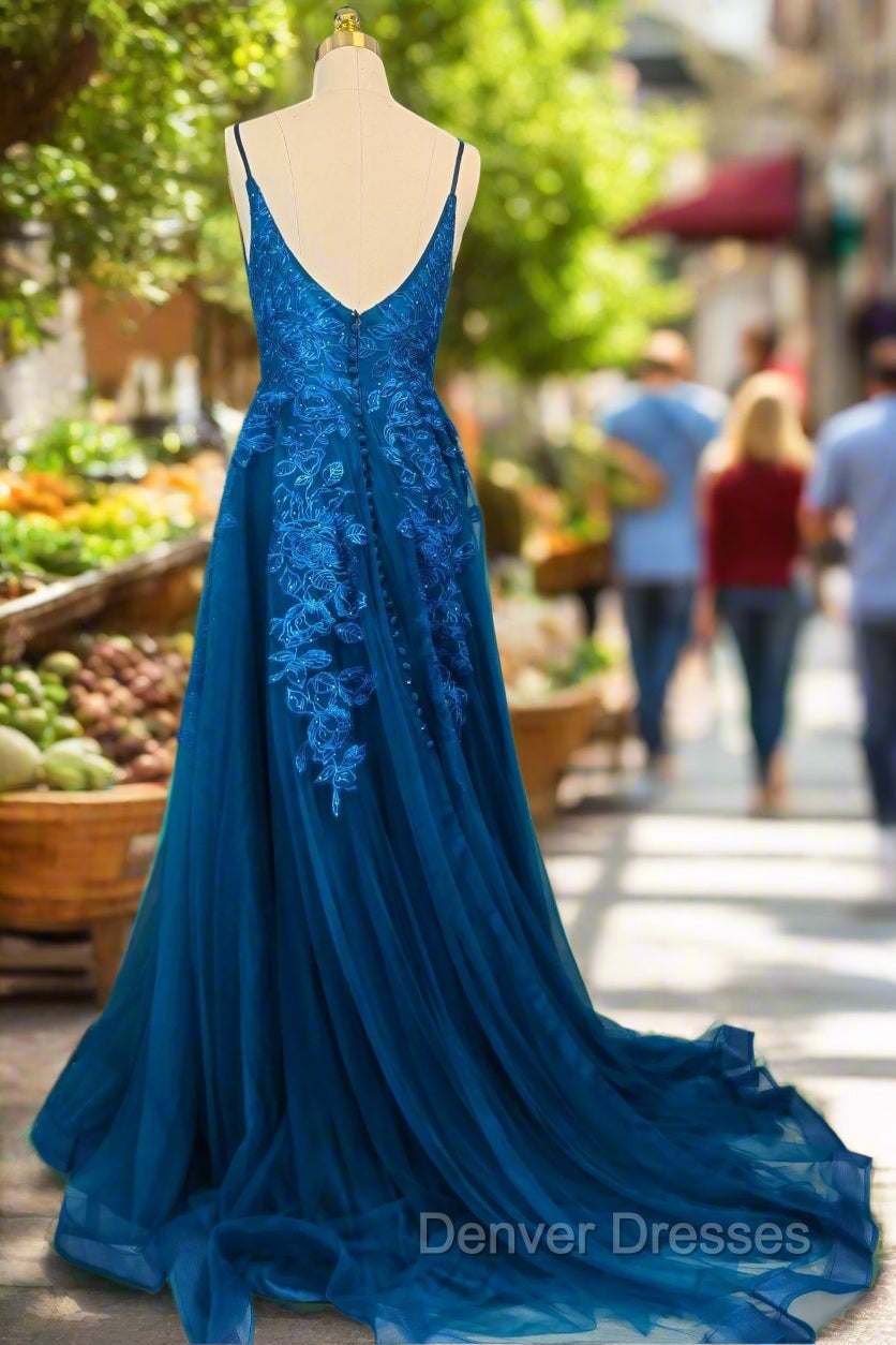 Blue A-line V Neck Prom Dress Spaghetti Straps Sweep Train Tulle Evening Dress With Appliqued