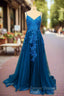 Blue A-line V Neck Prom Dress Spaghetti Straps Sweep Train Tulle Evening Dress With Appliqued