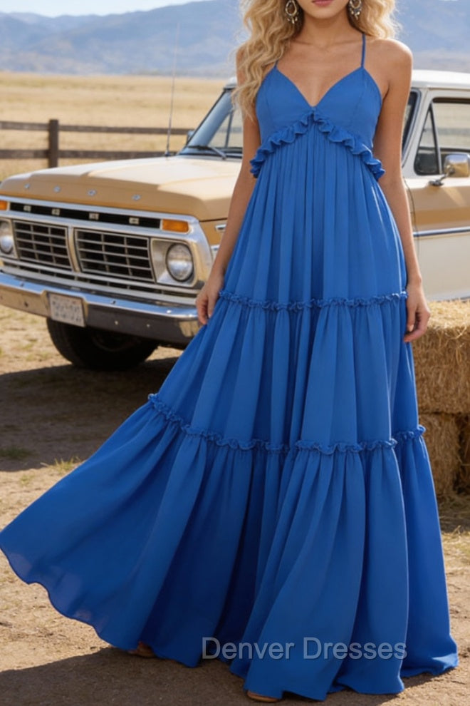 Blue A-line V Neck Sleeveless Floor-Length Chiffon Prom Dress Long Prom Dresses Backless with Pleated Ruffles