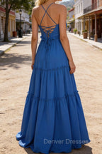 Blue A-line V Neck Sleeveless Floor-Length Chiffon Prom Dress Long Prom Dresses Backless with Pleated Ruffles