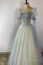 Blue And Champagne Tulle Beaded Shiny Tulle Prom Dress, A-Line Long Party Dress