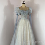 Blue And Champagne Tulle Beaded Shiny Tulle Prom Dress, A-Line Long Party Dress