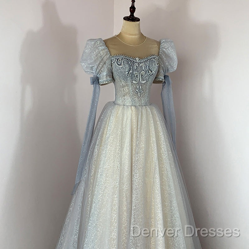 Blue And Champagne Tulle Beaded Shiny Tulle Prom Dress, A-Line Long Party Dress