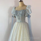 Blue And Champagne Tulle Beaded Shiny Tulle Prom Dress, A-Line Long Party Dress