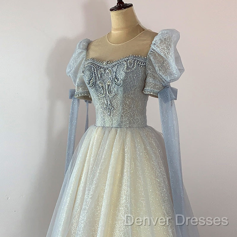 Blue And Champagne Tulle Beaded Shiny Tulle Prom Dress, A-Line Long Party Dress