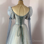 Blue And Champagne Tulle Beaded Shiny Tulle Prom Dress, A-Line Long Party Dress