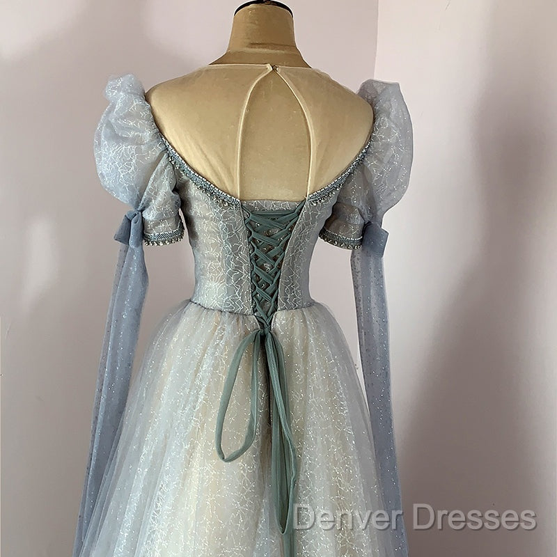 Blue And Champagne Tulle Beaded Shiny Tulle Prom Dress, A-Line Long Party Dress
