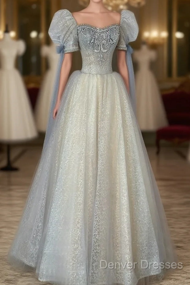Blue And Champagne Tulle Beaded Shiny Tulle Prom Dress, A-Line Long Party Dress Main image