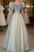 Blue And Champagne Tulle Beaded Shiny Tulle Prom Dress, A-Line Long Party Dress