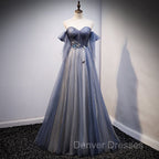 Blue and Grey Tulle Long Sweetheart Party Dress, Tulle A-line Formal Dress